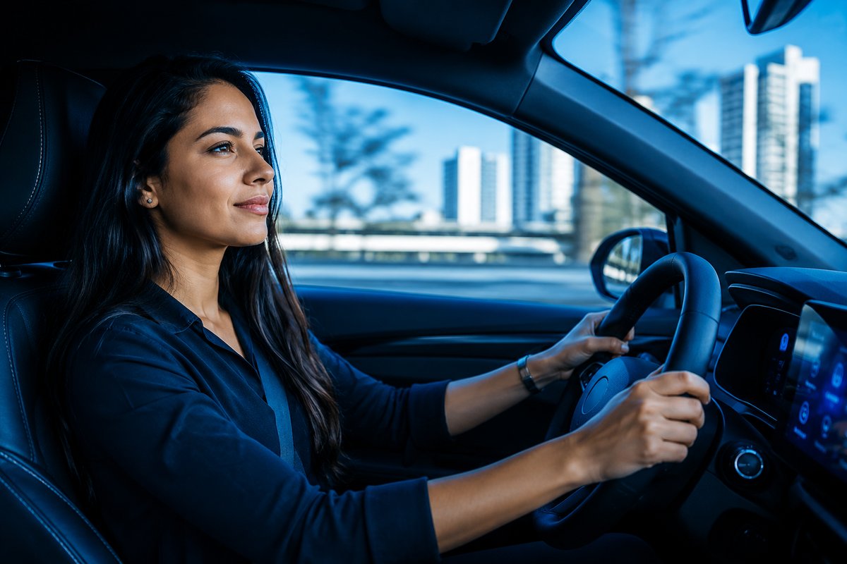 Mulher dirigindo com tranquilidade, sabendo que seu veículo está protegido pela Strada Seg